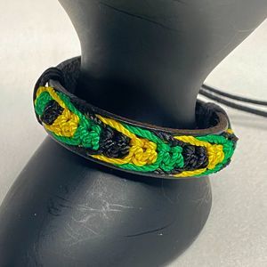Cuff Bracelet Jamaican Flag Faux Leather Friendship Black Green Yellow Pattern